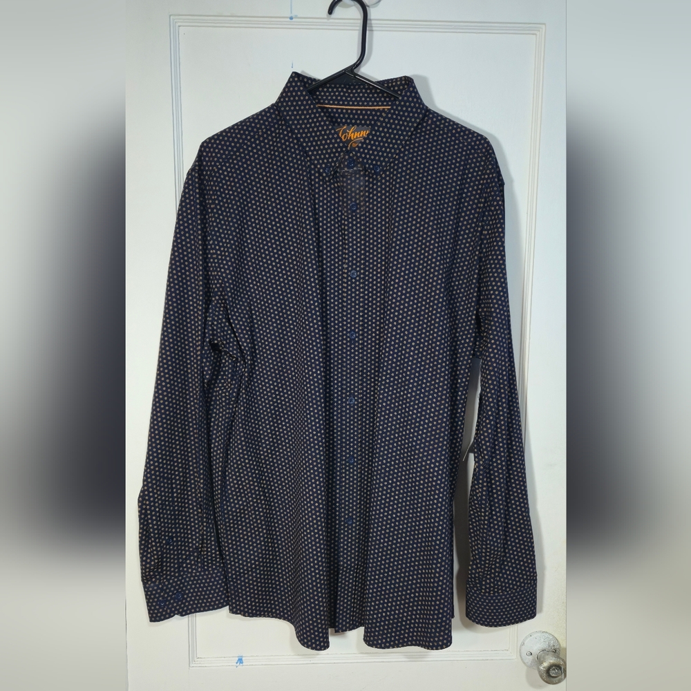 JOHNNY BIGG  Vincent Geo Stretch Button Down Shirt, Navy, 1X